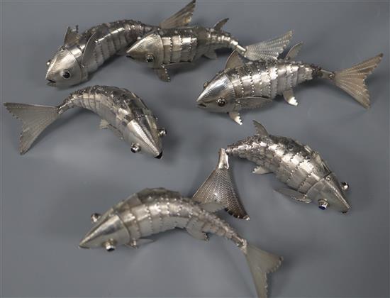 A set of six modern 925 articulated model fish with coloured glass eyes, 14.5cm.